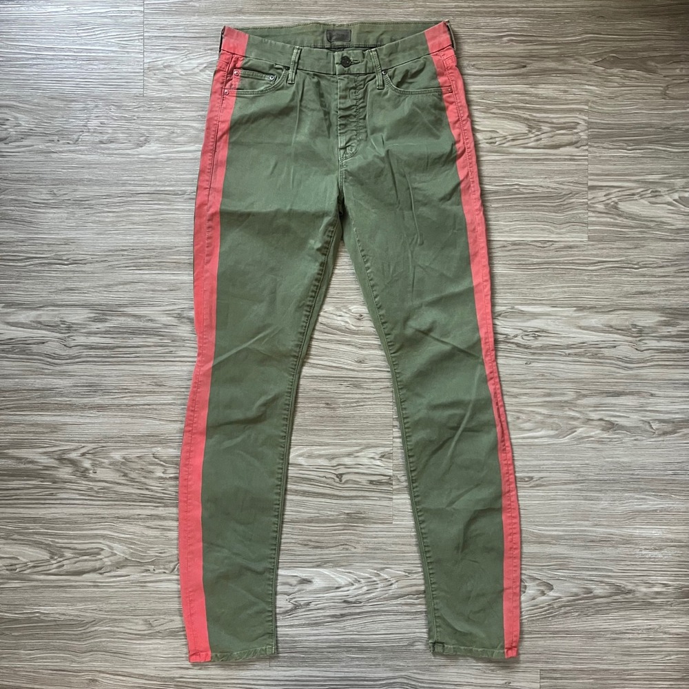 Mother The Looker Skinny Jeans Fatigue Green Red Side Stripe 1001-508 Size 28